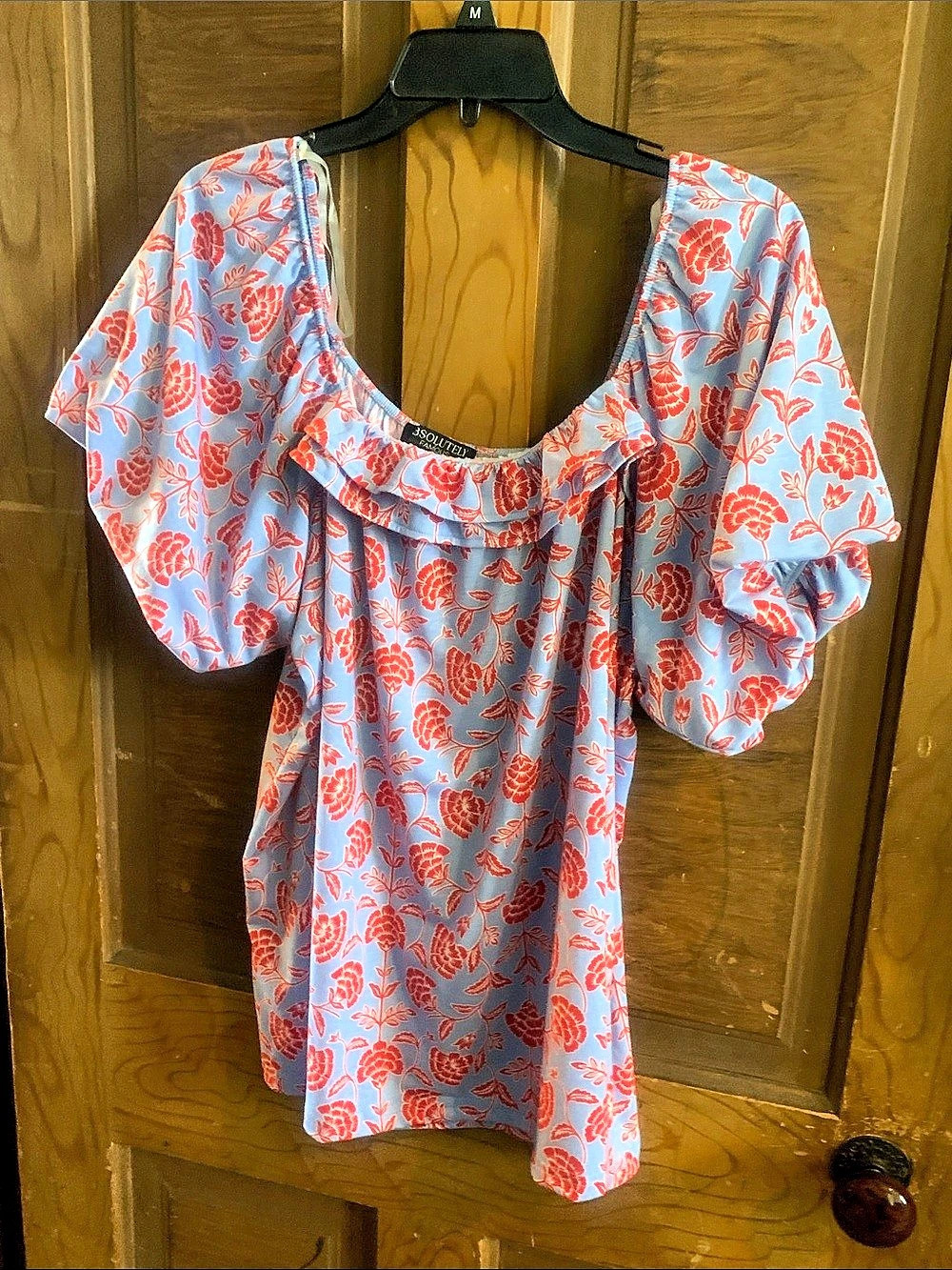 Absolutely Famous Floral Short Sleeve Blouse in Blue & Red Size XL